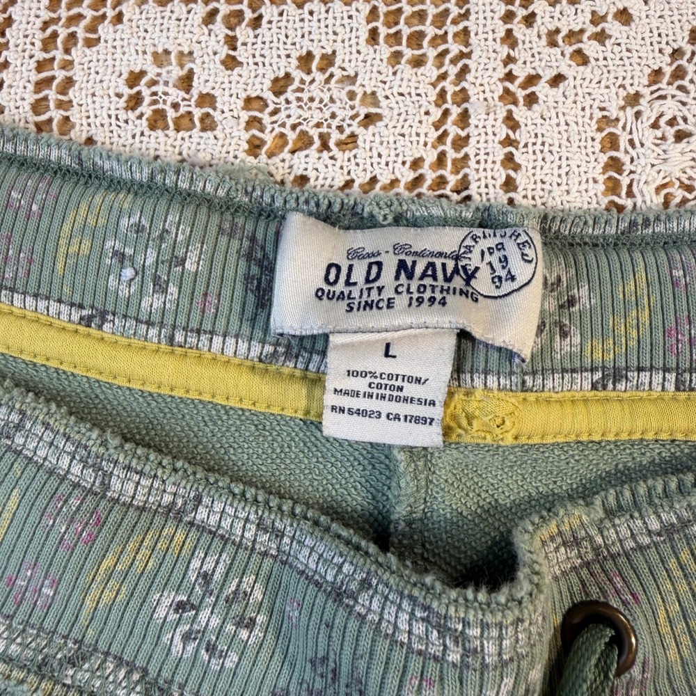Old Navy VTG Sage Green Floral Paisley Cotton Micro Mini Lounge Shorts Sz L Y2K - Picture 4 of 11